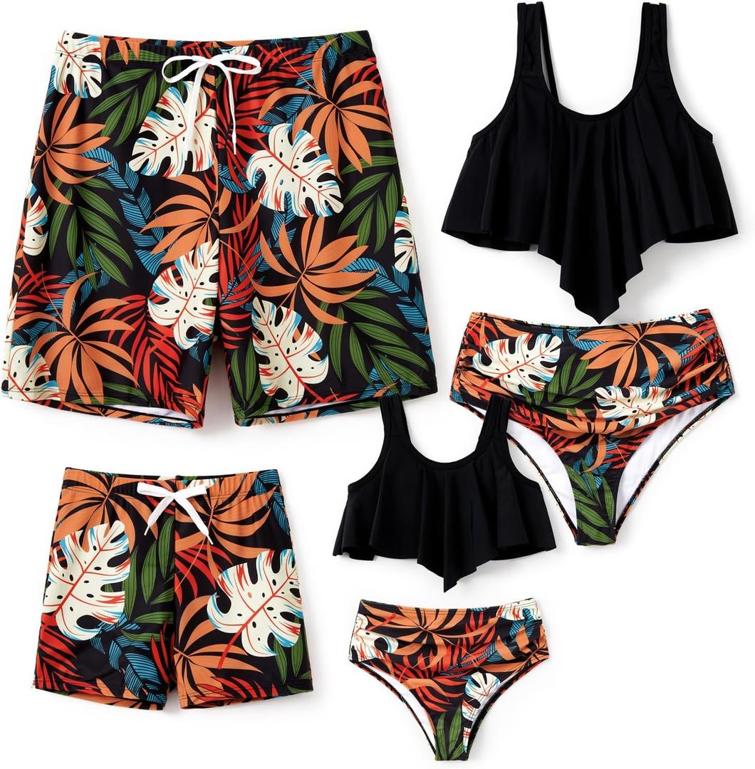 PATPAT Family Matching Swimsuits Two Piece Hawaiian Tropical Beach Bikini and Swim Trunks Set Mommy and Me Bathing Suits (Black Leaves)