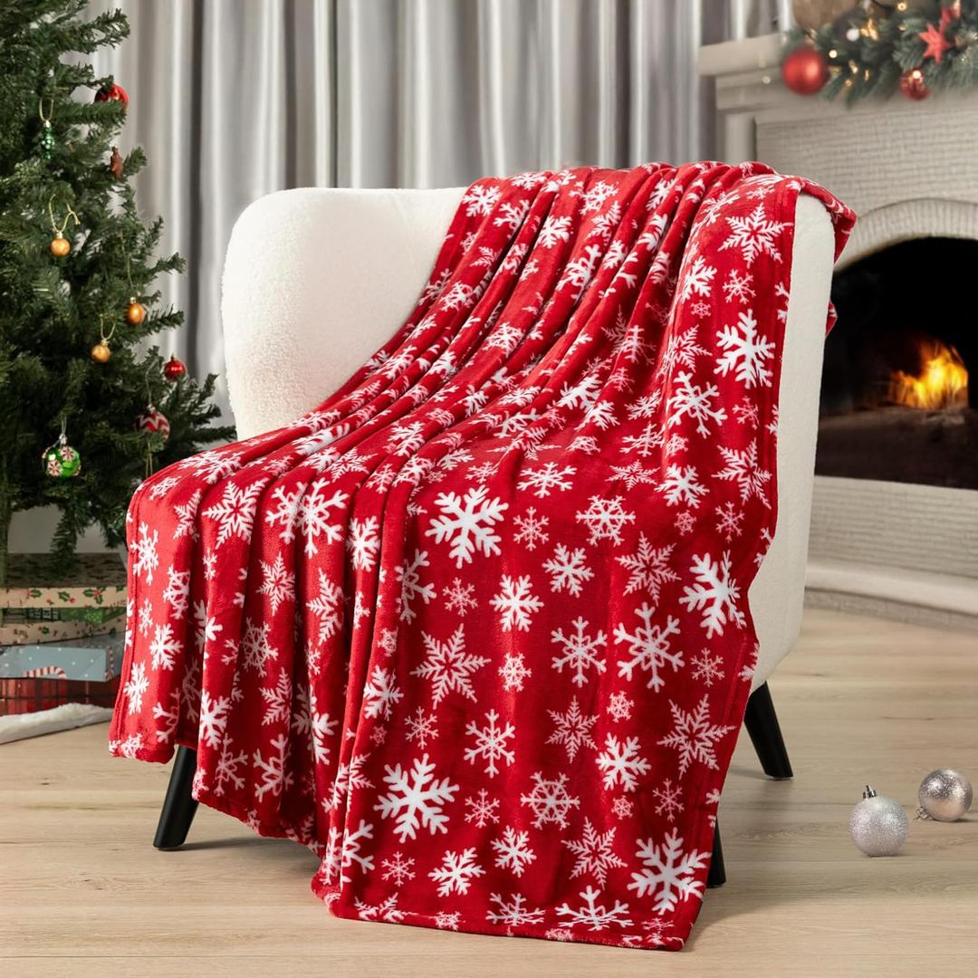 PAVILIA Christmas Throw Blanket | Red Snowflake Christmas Fleece Blanket | Soft, Plush, Warm Winter Cabin Throw, 50x60 (Red/White Snowflake)