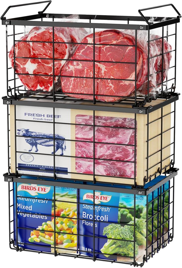 iSPECLE Freezer Organizer Bins - for 5 to 7 Cu.Ft Chest Freezer, 3 Pack Easy Access Stackable Deep Freezer Organizer Bins with Handles, Heavy Duty for Meat and Frozen Food, Assembly Required, Black