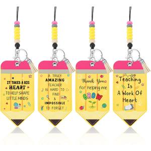Geyoga 4 Pcs Teacher Lanyard with ID Holder Bulk Back to School Gifts Retractable ID Badge Holder with Wood Bead Decor for Office First Day of School Year Teacher Gifts(Pencil)