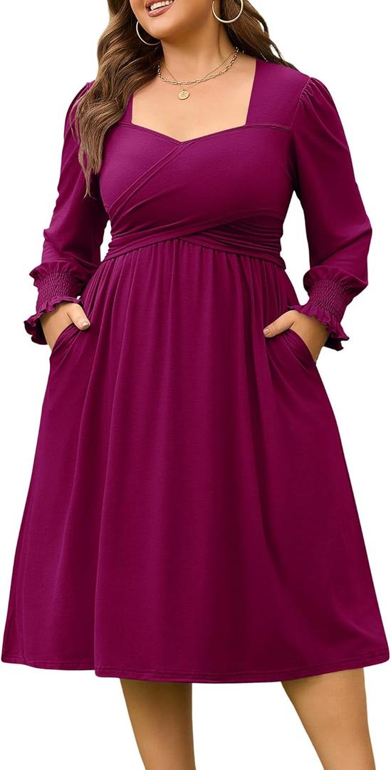 AMCLOS Women's Plus Size Casual Dress 2 Pockets Square Neck Back-Tie Crosswrap Bodice Elegant Work Business Long Sleeve (3X-Large)
