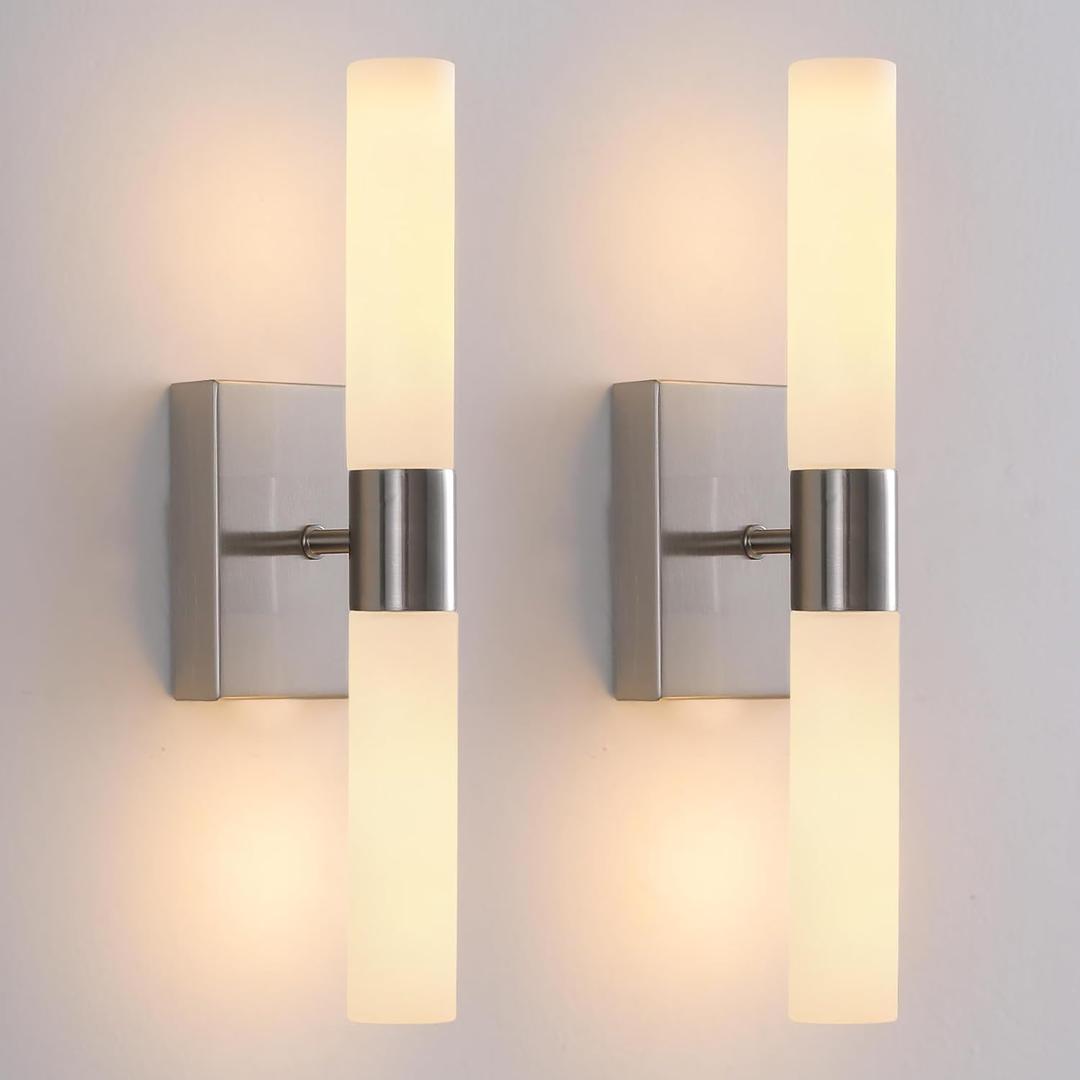 Wall Sconces Set of Two Brushed Nickel Bathroom Sconces Wall Decor Set of 2 Modern Wall Light Fixtures Metal Sconces Wall Lighting with Frosted Glass Shade Wall Mounted Lamp (satin nickel white)