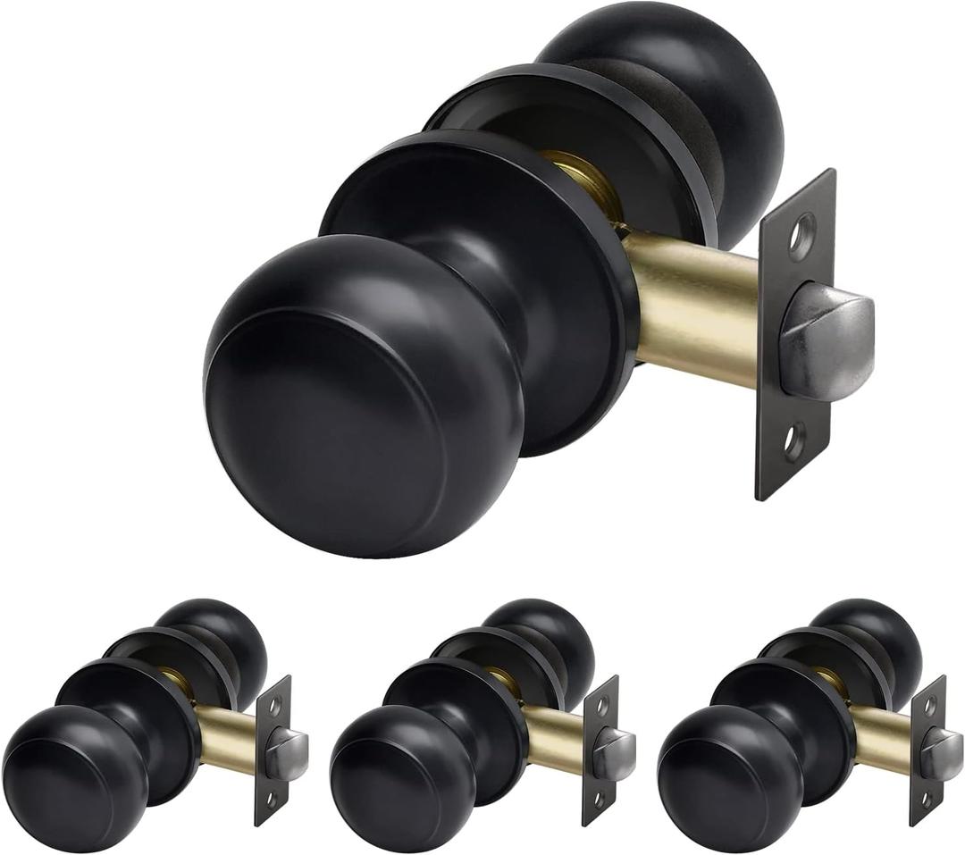 CML Hardware (4 Pack) Passage Door Knob, Matte Black Interior Door Lock Set for Hallway or Closet, No Locking, Round Ball Handle