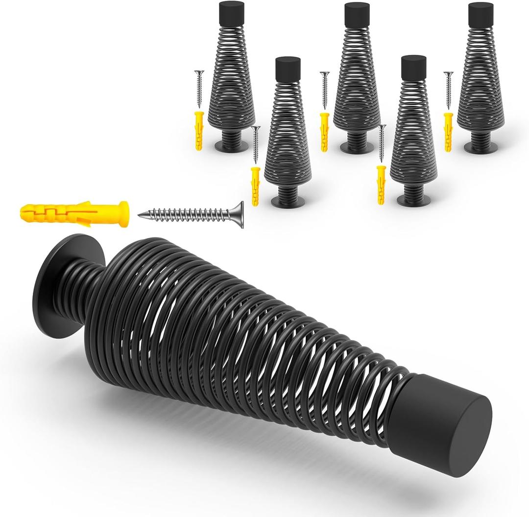 Mousike 4.5" Matte Black Door Stoppers (6 Pack) - Heavy Duty Industrial Spring Stops for Solid Core, Garage, Warehouse, Office & Commercial Doors - Silent, Strong, Shock Absorbing Topes para Puertas