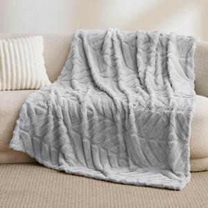 Bedsure Twin Blanket for Couch - Leaf Textured, Thick and Warm, Super Soft Boho Throw Blanket for Bed, Cute Small Fleece Gift for Women, Home Decor, Cloudy Grey, 60x80 Inches