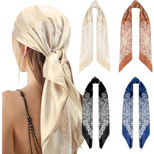 NZKNP Silk-Like Head Scarf - Women's Bandana Wraps (35"*35", 4pcs Beige/Red/Black/Blue)