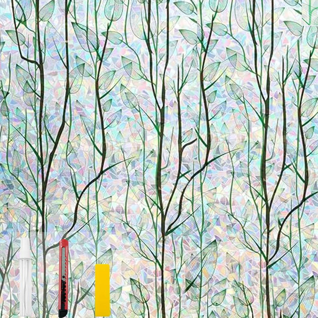 Window Privacy Film with Installation Tools Home Decorative Colored Glass Window Stickers Reusable electrostatic Rainbow Stickers(Green Plants, 23.6 x 78.7 in)