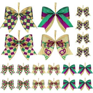 Tigeen 24 Pcs Mardi Gras Bow Decorations Mini Mardi Gras Wreath Bows New Orleans Bow for Front Door Tree Ornament Glitter Green Purple Gold Small Wired Bows for Carnival Party Fat Tuesday