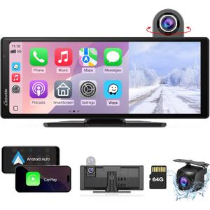Carpuride Wireless Carplay & Android Auto with Dash Cam - 10.26 Inch HD IPS Touch Car Play Screen for Car, 4K Front & 1080P Rear Camera, Loop Recording, Bluetooth Audio, Mirror Link, GPS, Siri