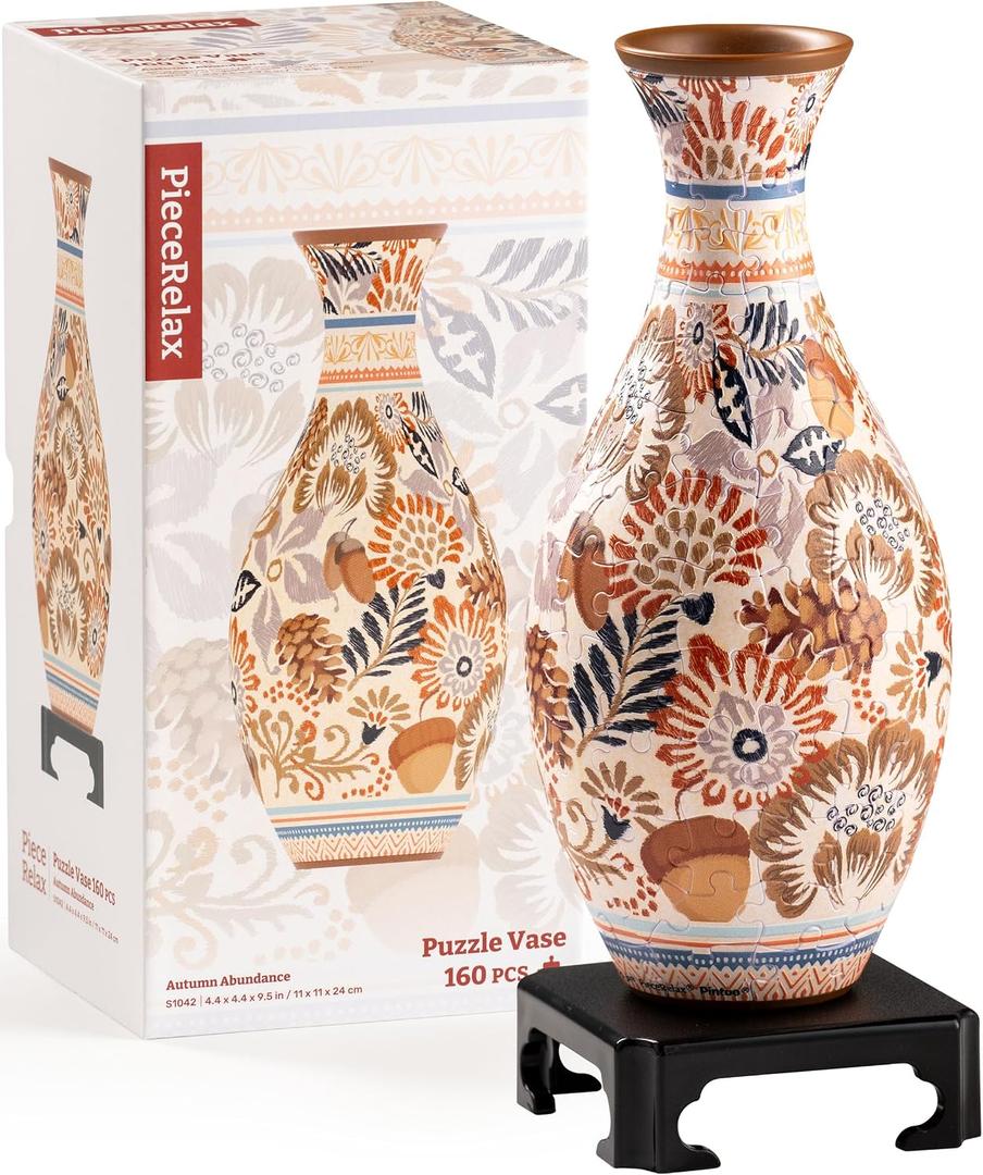 PieceRelax 3D Puzzle Vase for Adults to Flower Arrangement and Home Decoration Made By 160 Curved Plastic Puzzle Pieces - Autumn Abundance, for Mom [S1042]