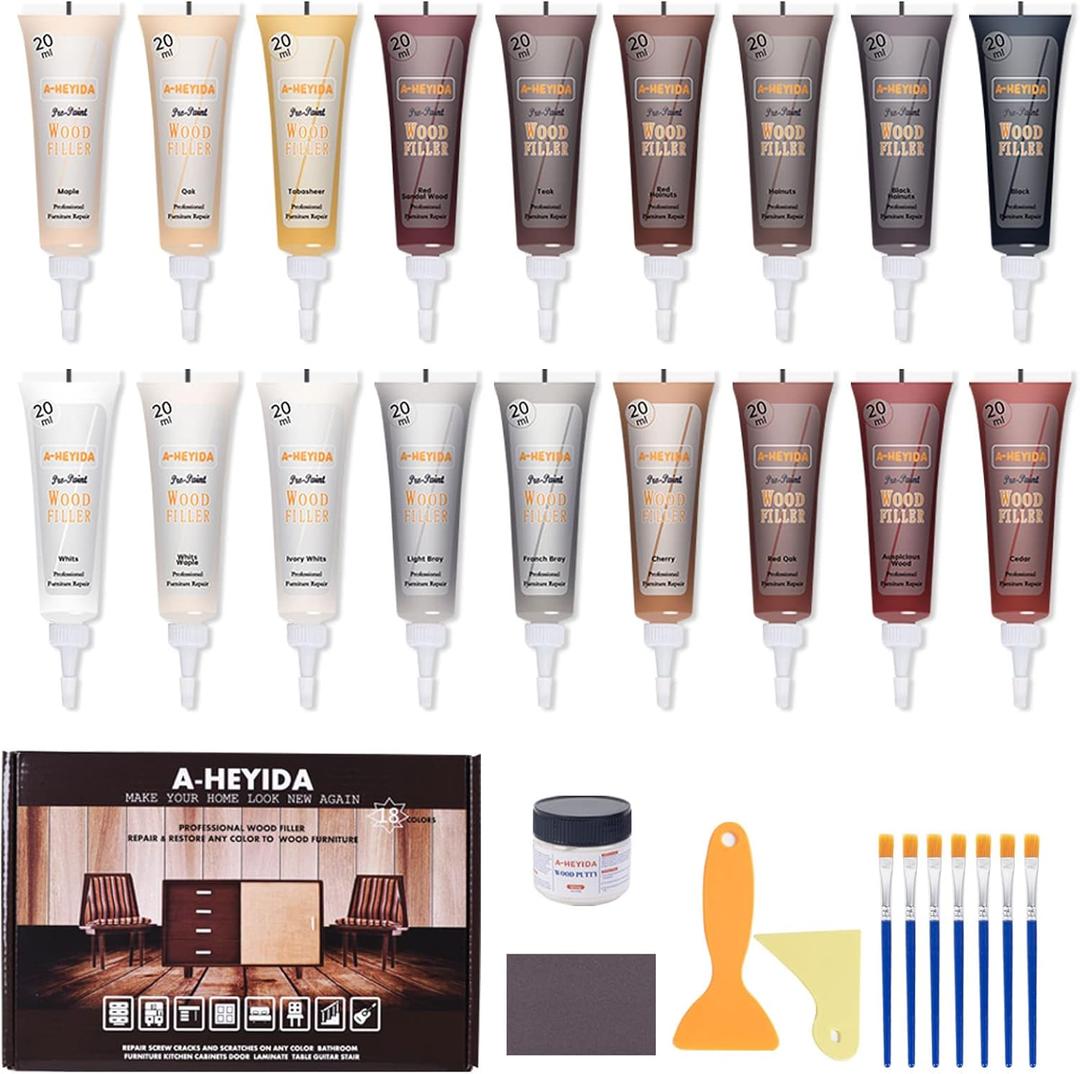 Wood Furniture Repair Kit - 18 Colors Wood Filler Hardwood Laminate Vinyl Floor Repair Kit Wood Putty Cabinet Touch Up Kit - Cover Scratches, Stains, Holes for Table, Door, Veneer, Cherry, Walnut