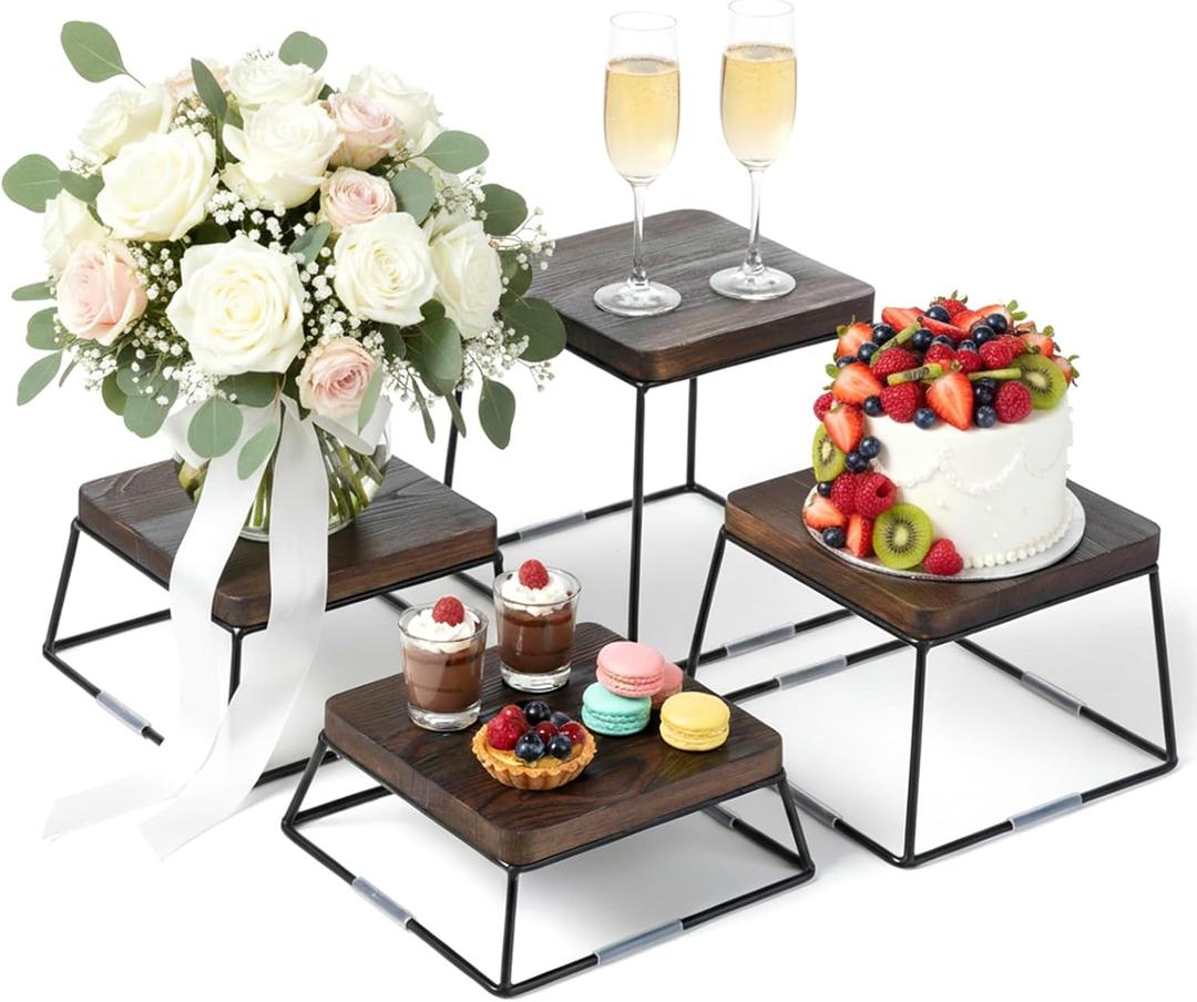 MyGift Dessert Table Display Set, 4pcs Food Risers, Brown Wood Buffet Risers, Pizza Stand with Matte Black Metal Wire Base, Dessert Display Stands