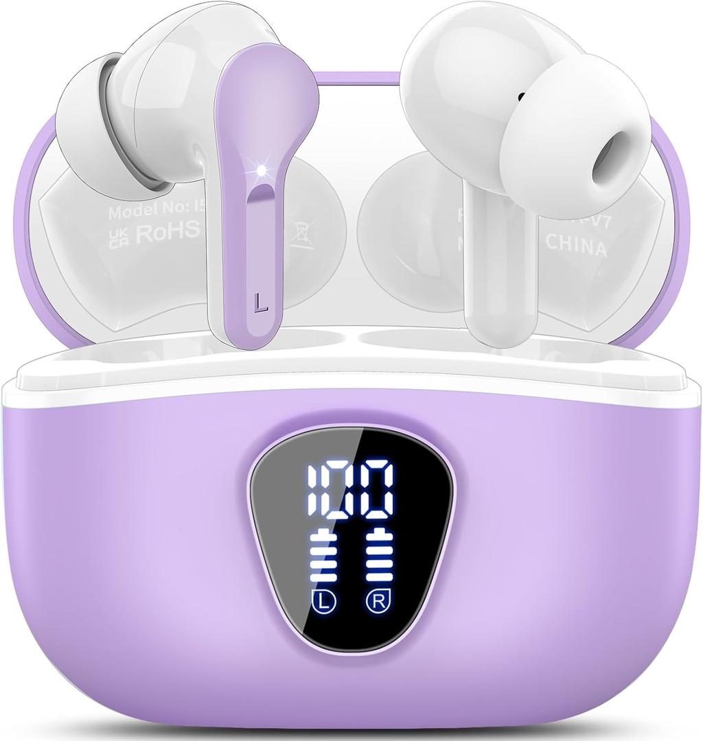 Wireless Earbuds, Bluetooth 5.4 Headphones HiFi Stereo, Bluetooth Earbuds with ENC Noise Cancelling Mic,IP7 Waterproof in Ear Earphones, 48H, LED Display Ear buds for Pad Phones Workout Sports, Purple