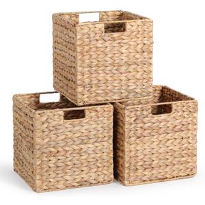 12 x 12 x 12in Water Hyacinth Storage Baskets, Wicker Storage Baskets for Shelves, Foldable Square Bins for IKEA Kallax Set of 3, Large Cubby Rattan Basket, Wicker Basket for Organizing
