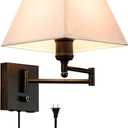 Swinging arm Wall lamp, Fabric lampshade, with Plug and dimming Rotary Switch, USB and Type-C Charging Port, Suitable for Bedside, Living Room, Hotel and Bedroom Wall Lamps (White square lampshade)
