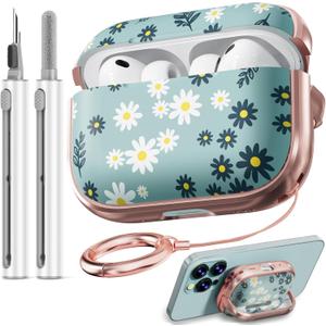 Inesore for AirPods Pro 3 Case 2025 with Lock, for Women Girly Floral Cute Case Compatible with Apple Airpods Pro 3rd Generation Cover, with Phone Stand, Keychain & Cleaner Kit -Green Daisy