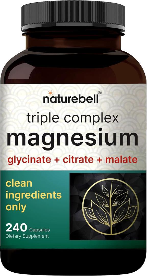NatureBell Magnesium Complex for Women & Men 1,000mg Per Serving 240 Capsules Triple Magnesium Complex with Glycinate, Citrate & Malate Chelated & Purified NonGMO, Filler Free