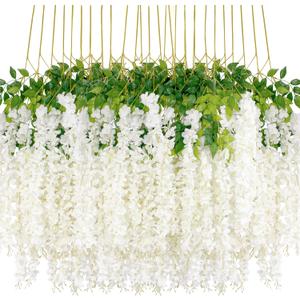 Wisteria Hanging Flowers 24 Pack Artificial Flowers Fake Wisteria Vine Rattan Hanging Garland Silk Flowers String for Party Home Wall Greenery Wedding Decor (White)