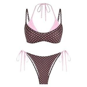 ZAFUL Women's Polka Dot Bikini Set Double Layer Halter Swimsuit Colorblock Side Tie 2 Piece Bathing Suit 0-Brown Polka dots, XL