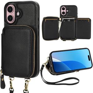 Bocasal RFID Blocking Wallet Case for iPhone 16, Adjustable Crossbody Zipper Purse Case Card Holder with Kickstand Detachable Wrist Strap, PU Leather Flip Folio Case 6.1 Inch 5G (Black)