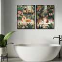 2Pcs Funny Animal Bathroom Wall Art Cat and Dog Taking a Bath Canvas Posters Prints Bohemian Green Plants and Flowers Picture for Bathroom, Toilet Bedroom Wall Decoration Unframed (16x24Poster, Colorful)