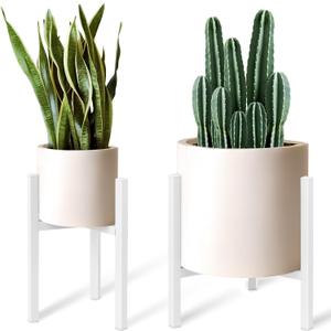 Adjustable Plant Stand Pack of 2 , Metal Planter Stands Indoor Outdoor, Mid Century Modern Plant Holder, Fit 8 10 12 inch Pots, White (Pot & Plant Not Included)