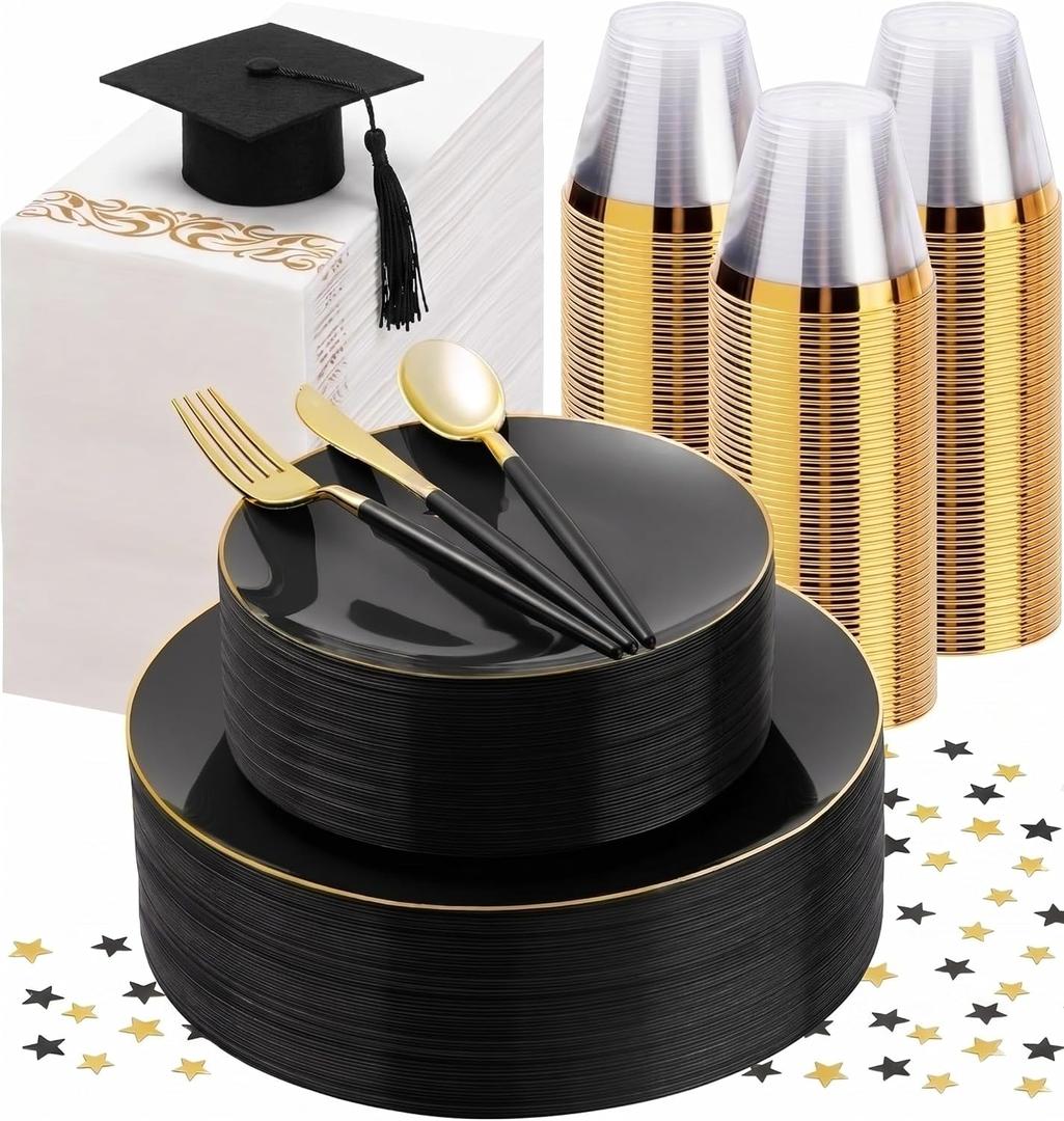 350 Pieces Black Gold Plastic Dinnerware Set, Gold Disposable Plates for Party, Include 100 Black Plates with 150 Plastic Cutlery, 50 Napkins and 50 Cups