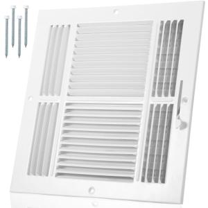 Pelopy 1 Pack Duct Opening Ceiling Register 4 Way Grille Register Floor Vent Cover Adjustable Damper Solid Steel Ceiling Sidewall Supply for HVAC Heat and Air Conditioner (12 * 12 Inch,White)