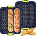XenMee 2 Pcs Silicone Baguette Bread Pan, Non-Stick Bread Loaf Pan Food Grade, 3-Cavity Perforated French Baking Mold for Homemade Bread, French Baguette, Sandwich Rolls (Yellow/Gray)