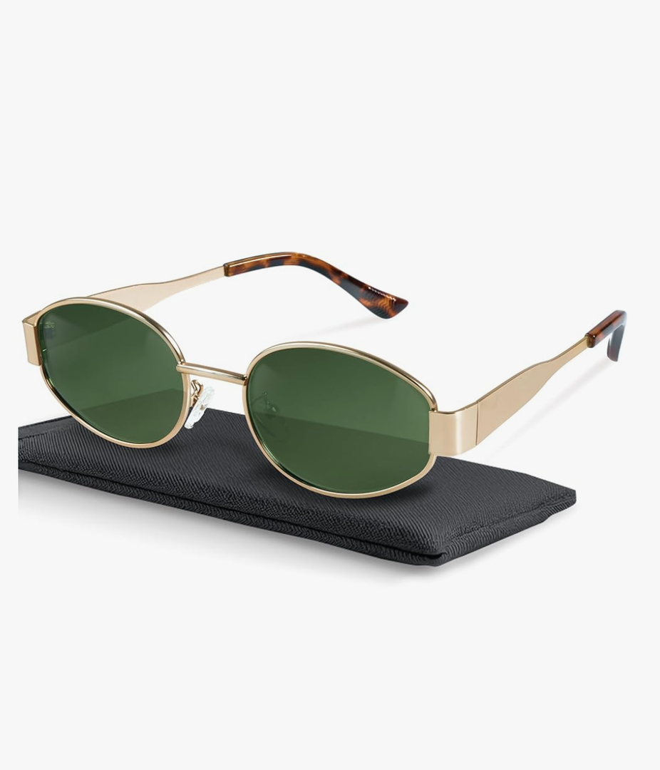 livho Retro Polarized Sunglasses - UV400 Protection, Oval Shape, Metal Frames - Matching Soft Case Inlcuded