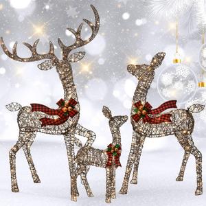 Outdoor Christmas Decorations Rattan Reindeer Family - Light Up Rattan Deer 3 Set with 210 LED Lights - Outside Yard Decor Kit Including Lighted 3-Piece Deer, Stakes - Brown