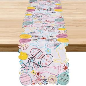 Pack of 2, Easter Decorations Indoor Table Runner - Egg Bunny Embroidered Decor Spring/ Holiday Party Supplies
