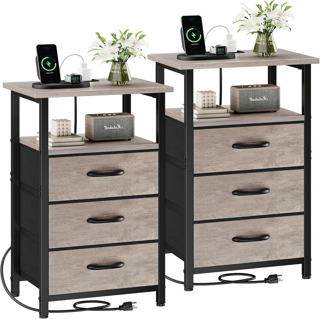 Vagusicc Nightstand Set of 2 with Charging Station, Bedside Table with USB Ports and Outlet, End Table Side Table with 3 Fabric Drawer and Storage Shelf, Bed Side Table Night Stand for Bedroom, Greige