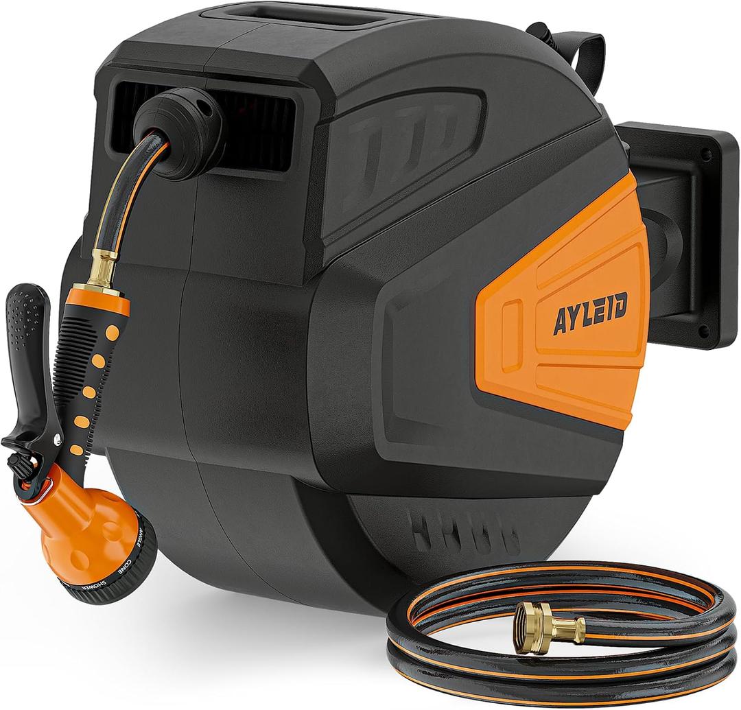 Ayleid Retractable Garden Hose Reel,1/2 in x 100 ft Wall Mounted Hose Reel, with 9- Function Sprayer Nozzle, Any Length Lock/Slow Return System/Wall Mounted/180Swivel Bracket (Black) (100FT, B-black)