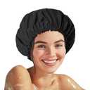 Shower Cap for Women, Double Layer Waterproof Bath Cap, Reusable Hair Protector, Large Waterproof Shower Bonnet Washable Elastic Band Bath Hair Hat for Long Hair, Braids Black
