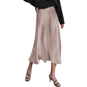 Zeagoo Skirts for Women High Waist Skirt Elegant Midi Skirt Satin (Medium, Light Khaki)