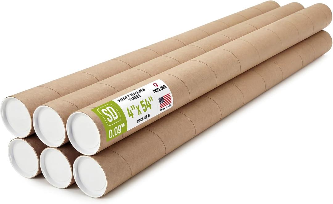 4" x 54" Reinforced Kraft Paper Mailing Tube, Pack of 6 Tube with 12 Caps – Secure USPS Approved – Cardboard Poster Mailer for Shipping and Storing of Prints, Artwork, Posters, or Documents