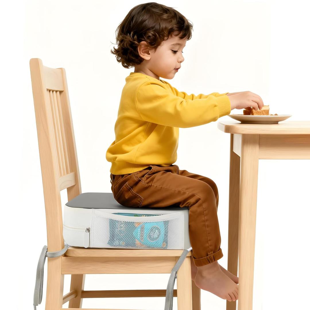 Booster Seat for Kitchen Chair, 3.8" Toddler Booster Seats for Dining Table with Ties, PU Dining Chair Pads with Side Pockets, Non-Slip & Removable Booster Seat for Table Increasing Cushion (Grey)