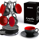 MIAMIO - Set of 6, Ceramic Stackable Cappuccino Cups Set / 6 Ounce Cappuccino Mugs and Saucer with Metal Stand for Coffee Drinks, Cafe, Latte, Americano and Tea - Le Papillon Collection (Red)