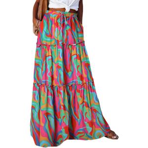 Happy Sailed Womens Floral Print Boho Maxi Skirt Elastic High Waist Pleated Ruffle Flowy Long Skirts S-XL (S)