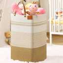 danpinera 100L Nursery Hamper, Tall Woven Laundry Basket with Long Leather Handles, Boho Laundry Hamper for Living Room & Bedroom, Eco-friendly & Convenient Decorative Storage Basket White & Jute