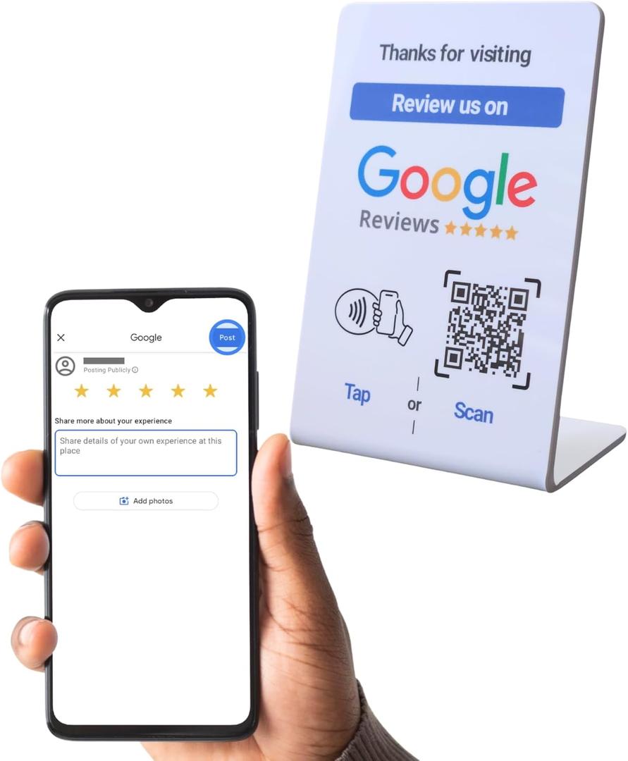 NFC Tap Google Review Stand - Boost Customer Feedback with Tap & Scan QR - No App, No Subscription - Works on iPhone & Android (Size 4.13"x2.75", 1 Pack) (White)
