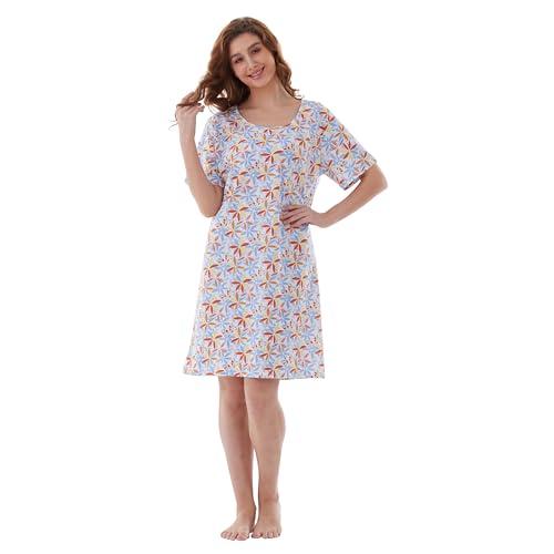 Keytime Nightgowns for Women, Women's Sleepwear Lightweight Cotton Nightdress, Crew Neck Sleepshirt Short Sleeve Loose Fit Blue and Orange S