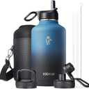 Half Gallon Water Bottle Insulated with Straw & 3 Lids, Coolflask 64 oz Water Jug Large Metal Stainless Steel Wide Mouth for Sports, Gym or Office, Non-BPA Keep Cold 48H Hot 24H, Samurai Cyan