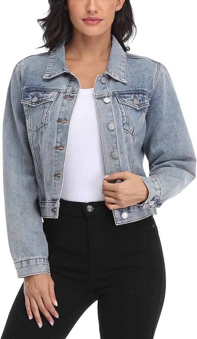 andy & natalie Women's Denim Jackets Cropped Long Sleeve Basic Button Down Crop Jean Shacket with Pockets (Light Blue) S