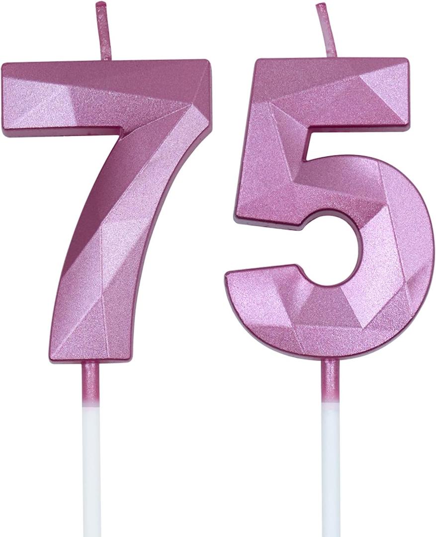 75th & 57th Birthday Candles for Cake, Pink Number 75 57 3D Diamond Shaped Candle Birthday Decorations Party Supplies for Women or Men