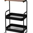 3-Tier Metal Rolling Utility Cart with Walnut-Textured Top on Wheels Craft Cart and Side Table for Bedside, Kitchen, Office, Bathroom & Craft Room