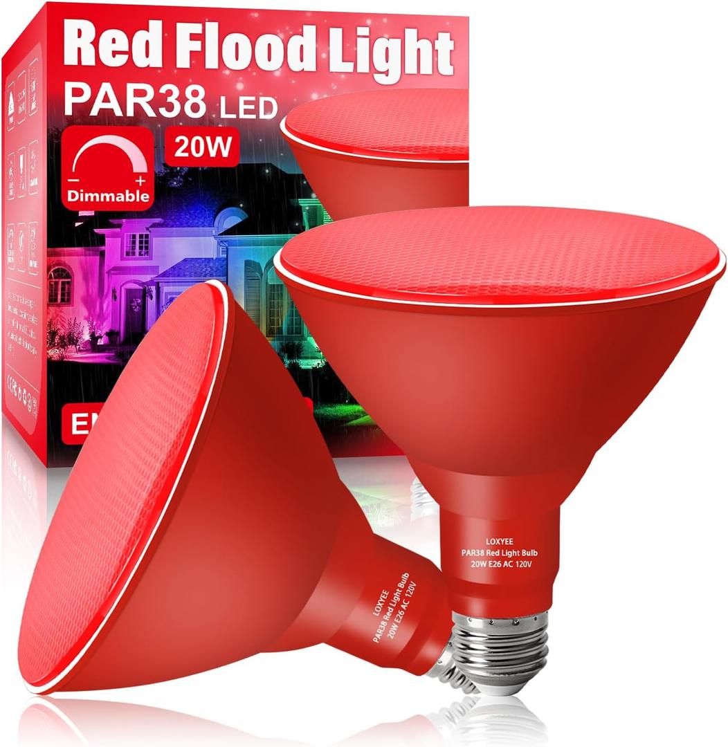 PAR38 Flood Red Light Bulbs,2 Pack Dimmable, E26 Base Red Flood Light Outdoor (20W Replace to 200W), Halloween Light Bulb for Outside, Christmas, Holiday Lighting