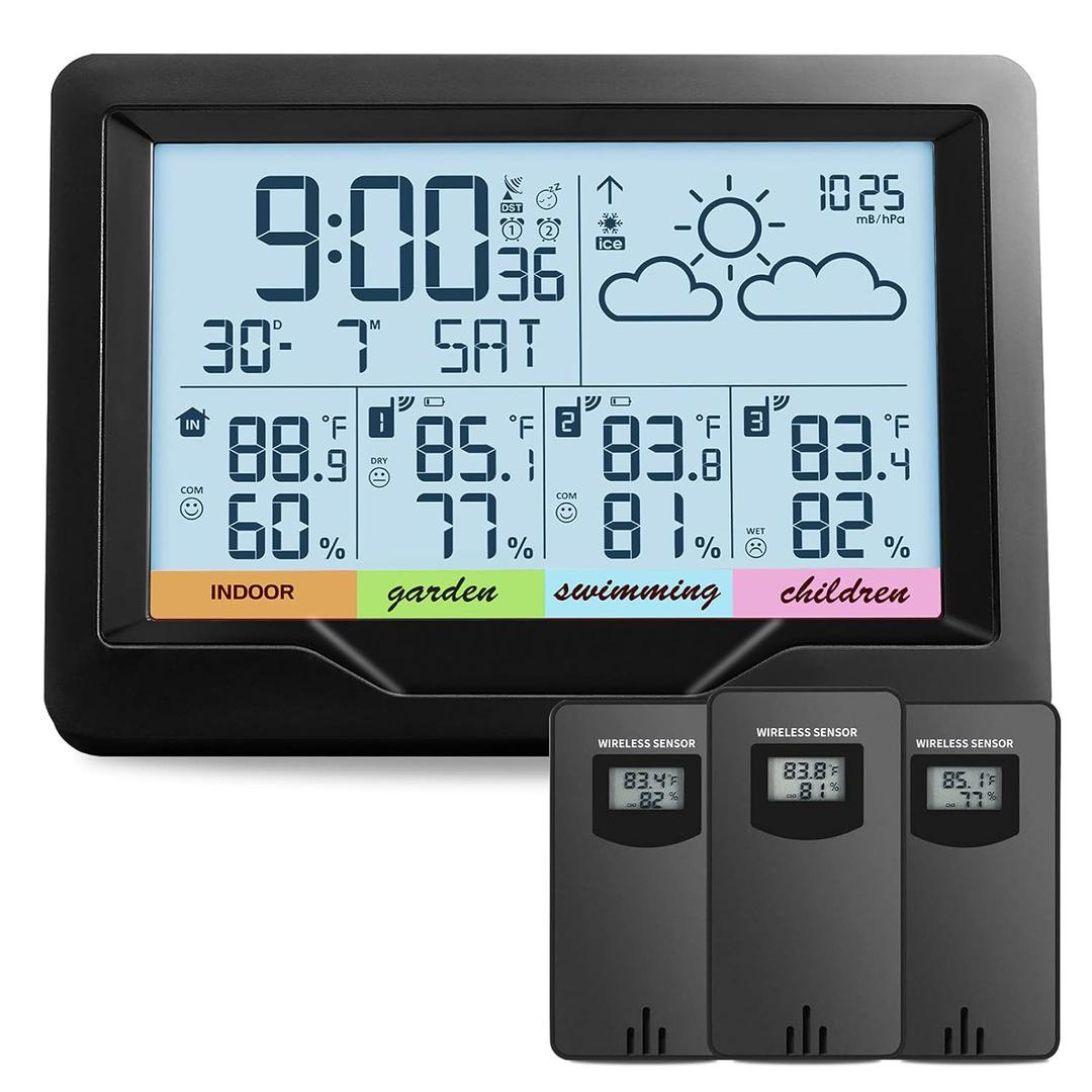 Weather Station Wireless Indoor Outdoor Thermometer Digital Atomic Clock with Multiple Sensors, Temperature and Humidity Monitor, Weather Thermometer for Forecast Stations with Backlight