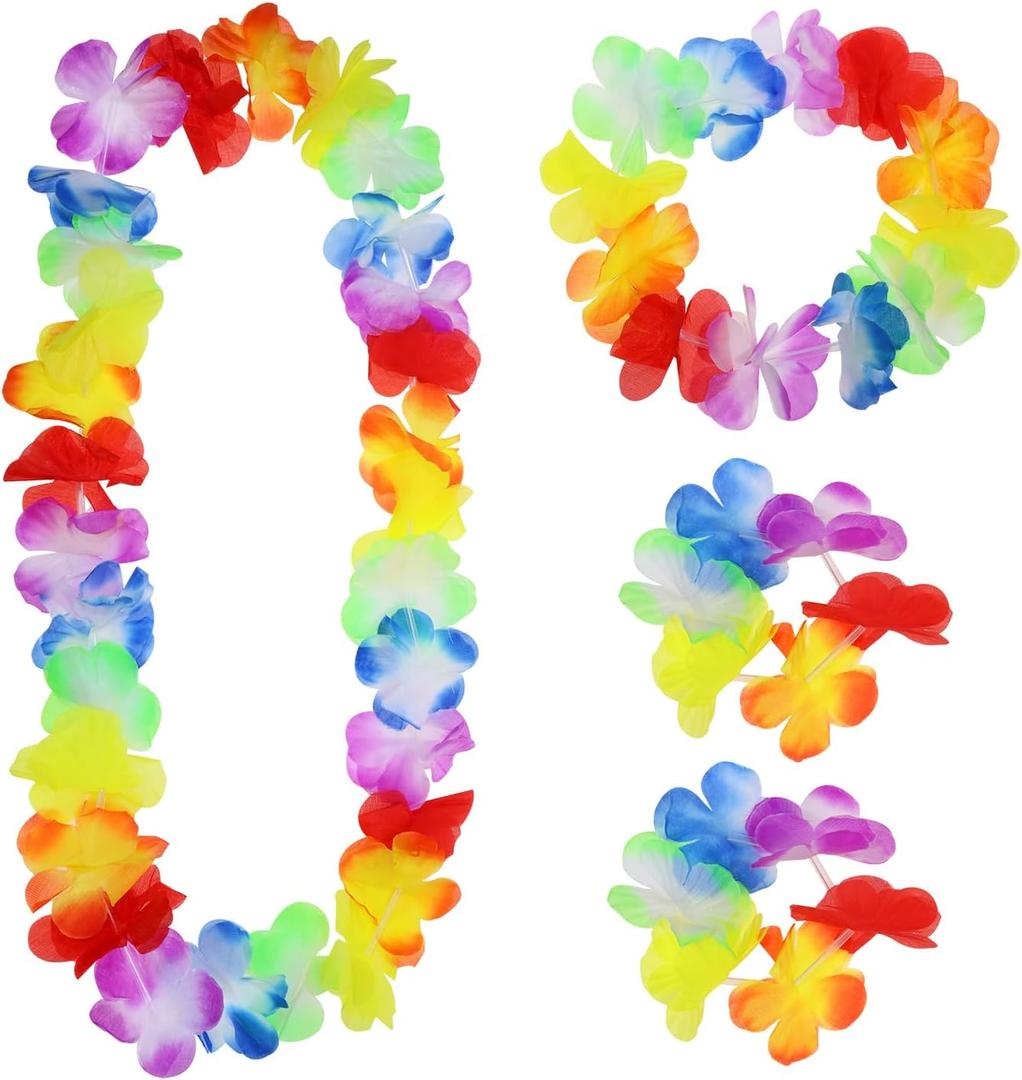 Hawaiian Leis 4Pcs Colorful Tropical Dance Flower Necklace Bracelets Headband for Luau Party Summer Beach Decoration